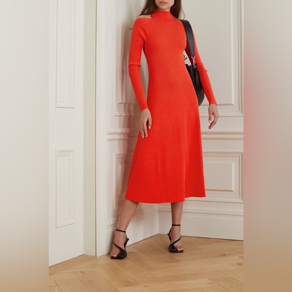 US 6 A.W.A.K.E. Cold-Shoulder Ribbed Jersey Midi Dress NWT